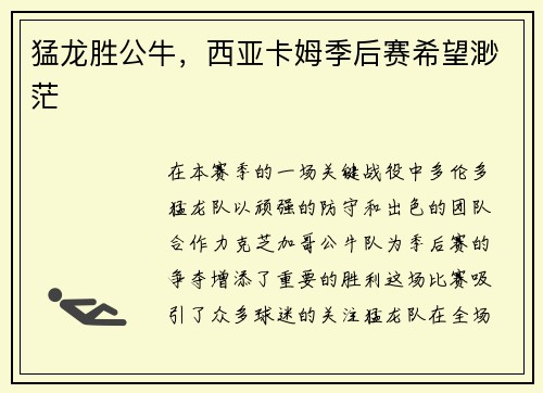 猛龙胜公牛，西亚卡姆季后赛希望渺茫