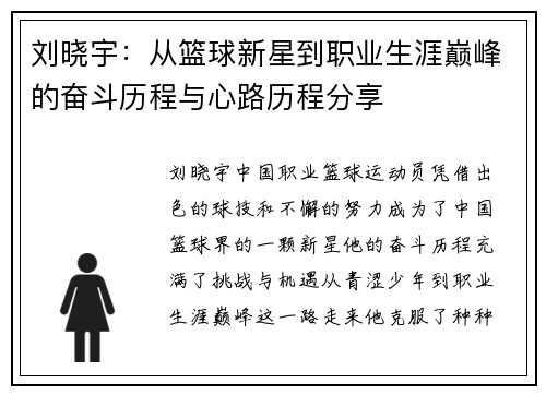 刘晓宇：从篮球新星到职业生涯巅峰的奋斗历程与心路历程分享