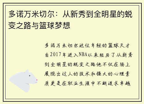 多诺万米切尔：从新秀到全明星的蜕变之路与篮球梦想