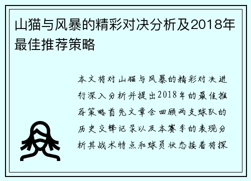 山猫与风暴的精彩对决分析及2018年最佳推荐策略